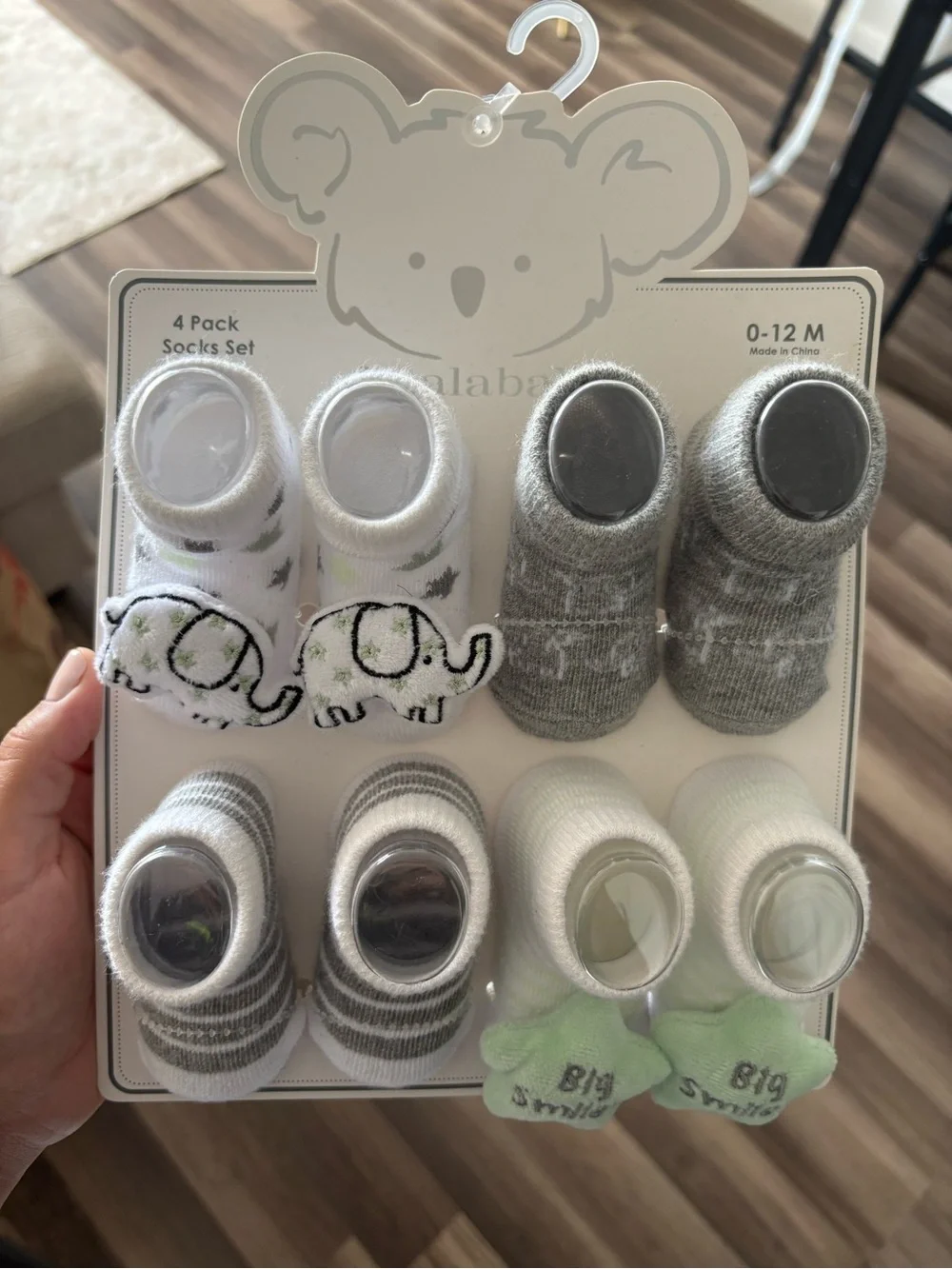 Baby Elephant 4-Pack Sock Set – White, Gray & Green